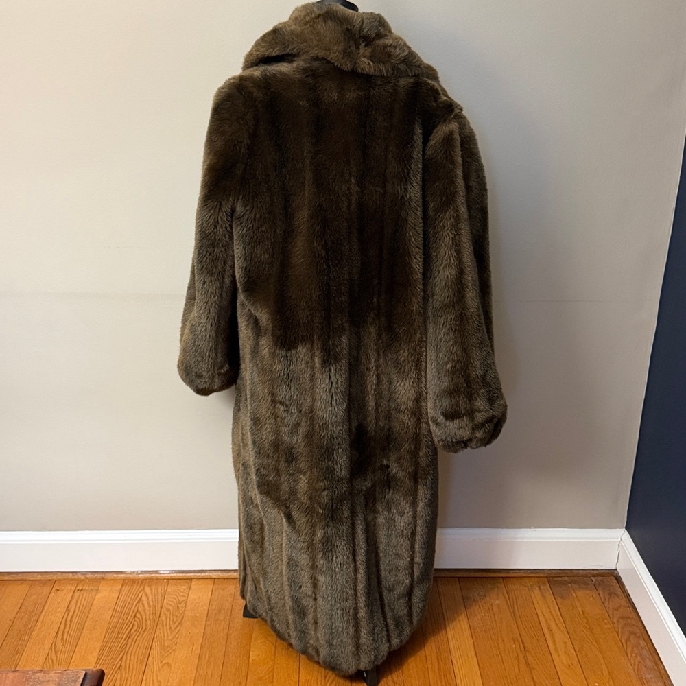 Vintage Faux mink Fur Coat Full Length Brown Shawl Collar Size 16 Glam 80s USA - Picture 7 of 9